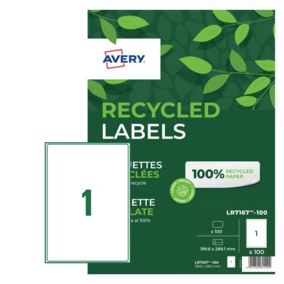 Avery Laser Recycled Address Label 199.6×289.1mm 1 Per A4 Sheet White (Pack 100 Labels) LR7167-100