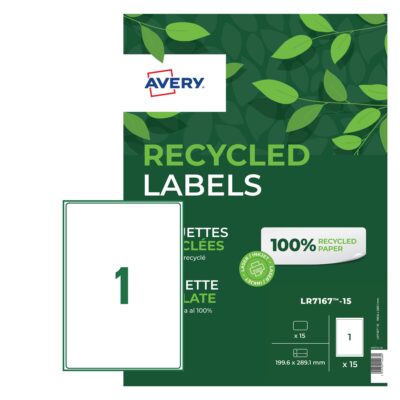 Avery Laser Recycled Address Label 199.6×289.1mm 1 Per A4 Sheet White (Pack 15 Labels) LR7167-15