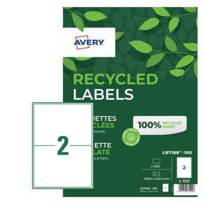 Avery Laser Recycled Address Label 199.6×143.5mm 2 Per A4 Sheet White (Pack 200 Labels) LR7168-100