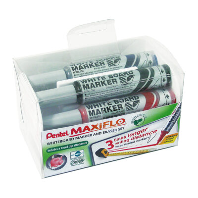 Pentel Whiteboard Marker and Eraser Set Bullet Tip 3mm Line Assorted Colours (Pack 4) - MWL5M/MAG/4-M