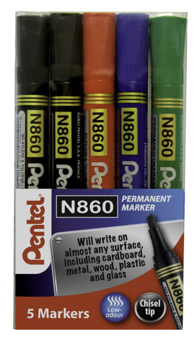 Pentel N860 Permanent Marker Chisel Tip 1.8 – 4.5mm Line Assorted (Pack 5) YN860/5-M