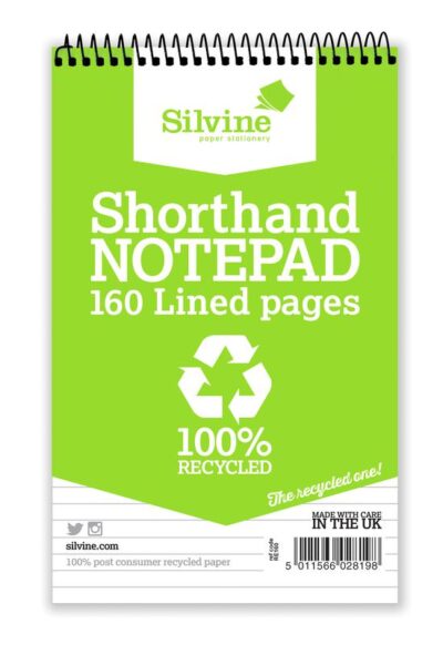 Silvine Recycled 125x200mm Wirebound Card Cover Reporters Shorthand Notebook Ruled 160 Pages Green (Pack 12) - RE160