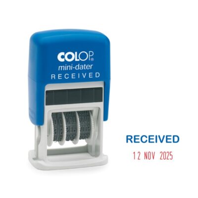 Colop S160/L1 Mini Word and Date Stamp RECEIVED 25x12mm Blue/Red Ink – 105241