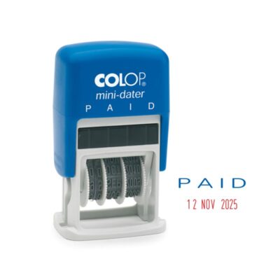 Colop S160/L2 Mini Word and Date Stamp PAID 25x12mm Blue/Red Ink – 105270