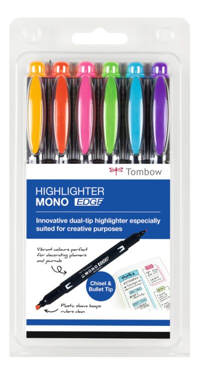 Tombow MONO Edge Highlighter Pen Chisel and Bullet Tip 3.8mm and 0.8mm Line Assorted Colours (Pack 6) – WA-TC-6P