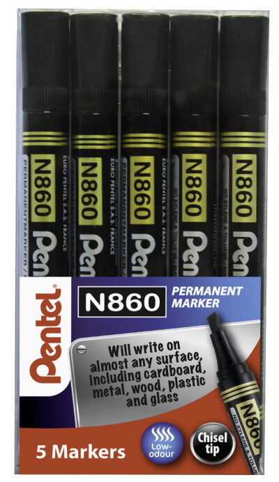 Pentel N860 Permanent Marker Chisel Tip 1.8 – 4.5mm Line Black (Pack 5) YN860/5-A