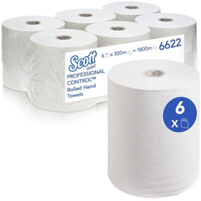 Scott 6622 White 1-Ply Disposable Rolled Hand Towels - 6 x 300m