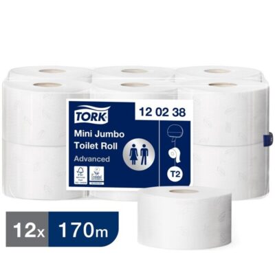 Tork 120238 2-Ply Mini Jumbo White Toilet Rolls - Case of 12 x 170m