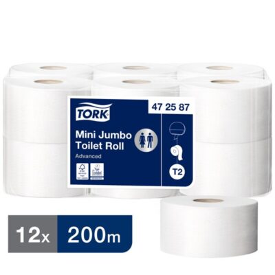 Tork 472587 Mini Jumbo White 2-Ply Toilet Rolls - Case of 12 x 200 Metres
