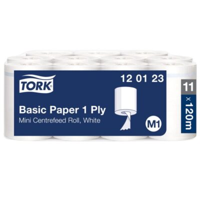 Tork 120123 White 1-Ply Basic Mini Centrefeed Rolls – Case of 11 x 120m